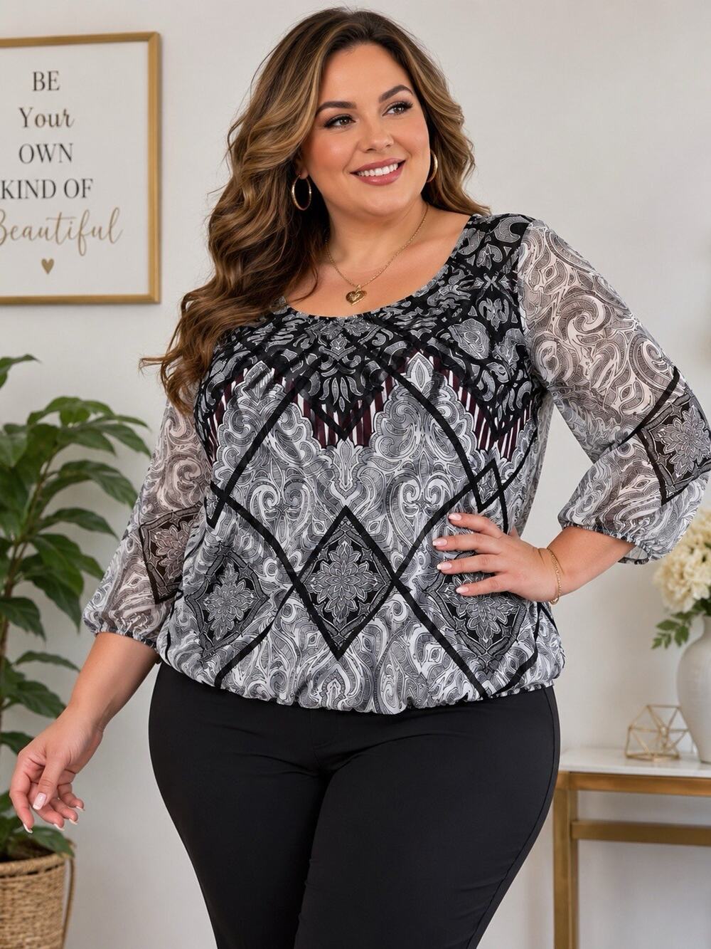 Alfani Woman 1X Sheer Layered Blouse Built In Cami Paisley Top